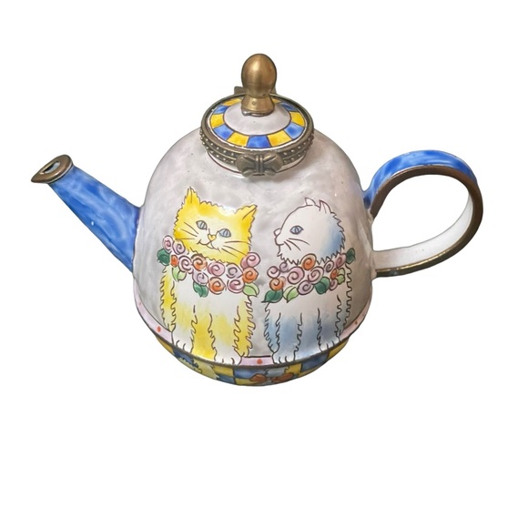 Vintage 2000 Kelvin Chen Two Cats Miniature Enamel Teapot Trinket Box #1043 - Picture 1 of 5